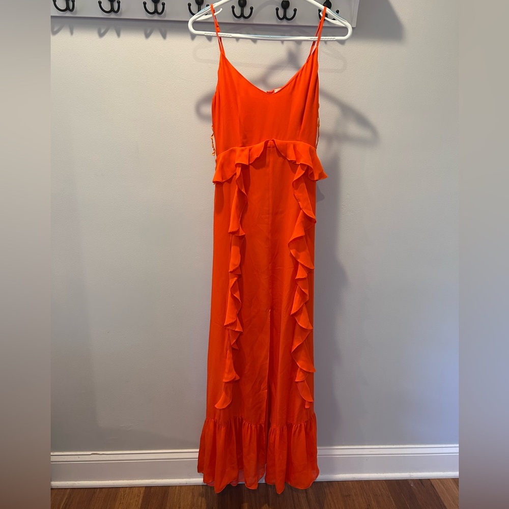 L'agence Silk Orange Ruffle Maxi Dress Size 2